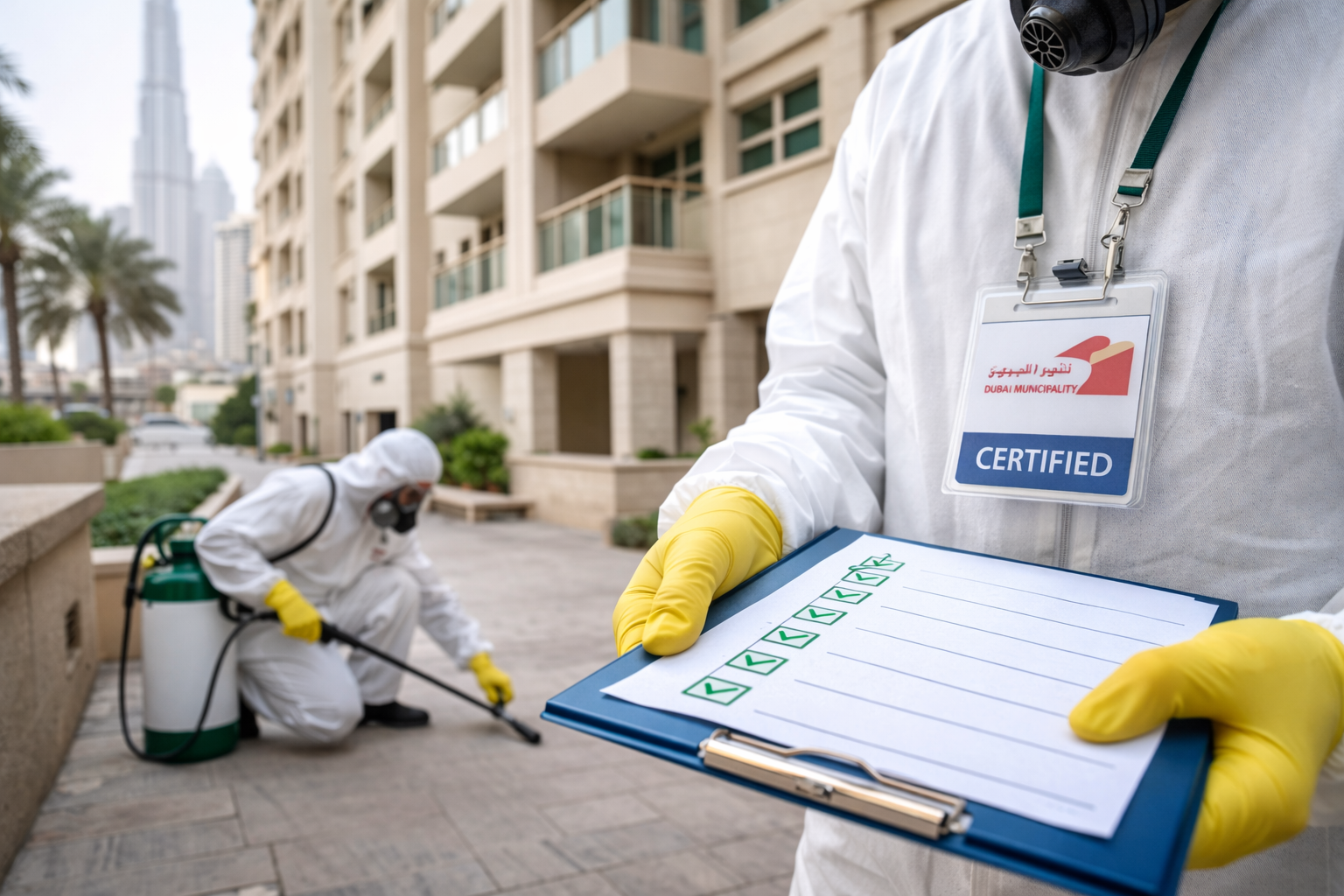 Dubai Municipality–certified pest control technician inspecting a residential building and applying approved pest control treatment in Dubai.