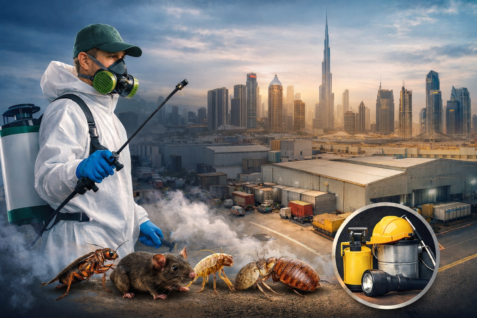 Professional pest control service in Al Quoz Dubai showing technician spraying for cockroaches, rodents, termites and bed bugs in residential and commercial areas.