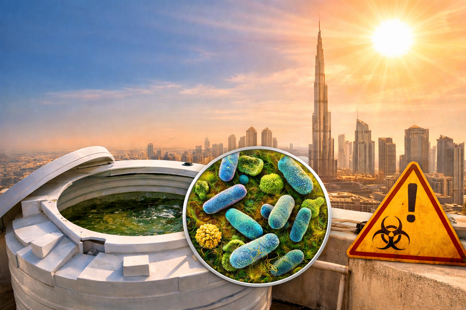 Rooftop water tank in Dubai during summer showing stagnant water and bacteria contamination risk