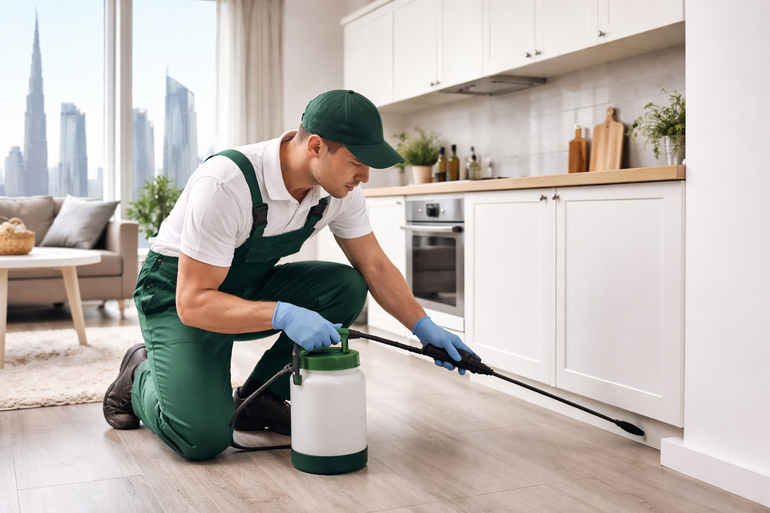 Professional pest control technician treating kitchen area inside a modern Dubai apartment with city skyline view in background
