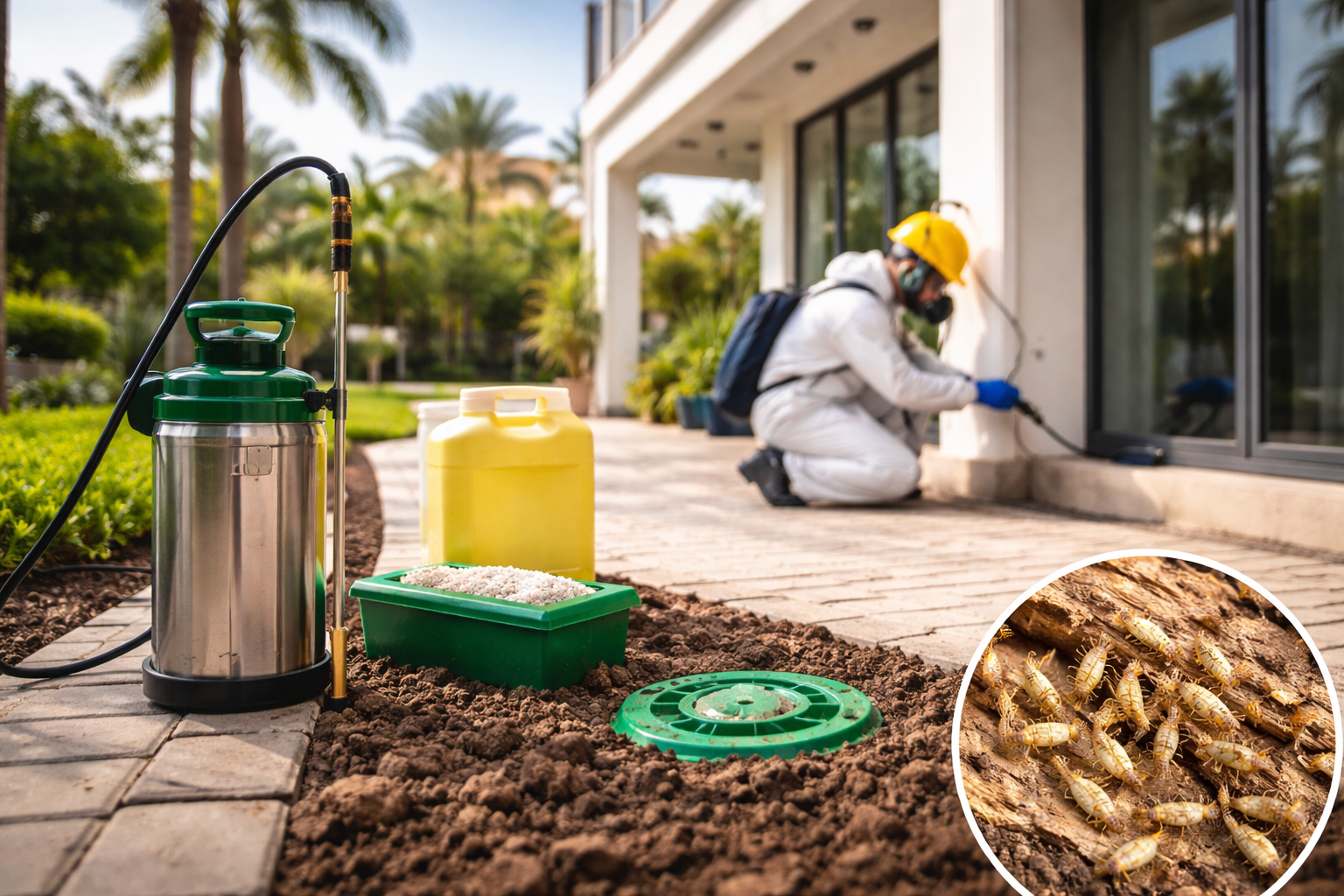 Professional termite control treatment outside a Dubai villa with technician applying soil barrier and termite bait stations near foundation.