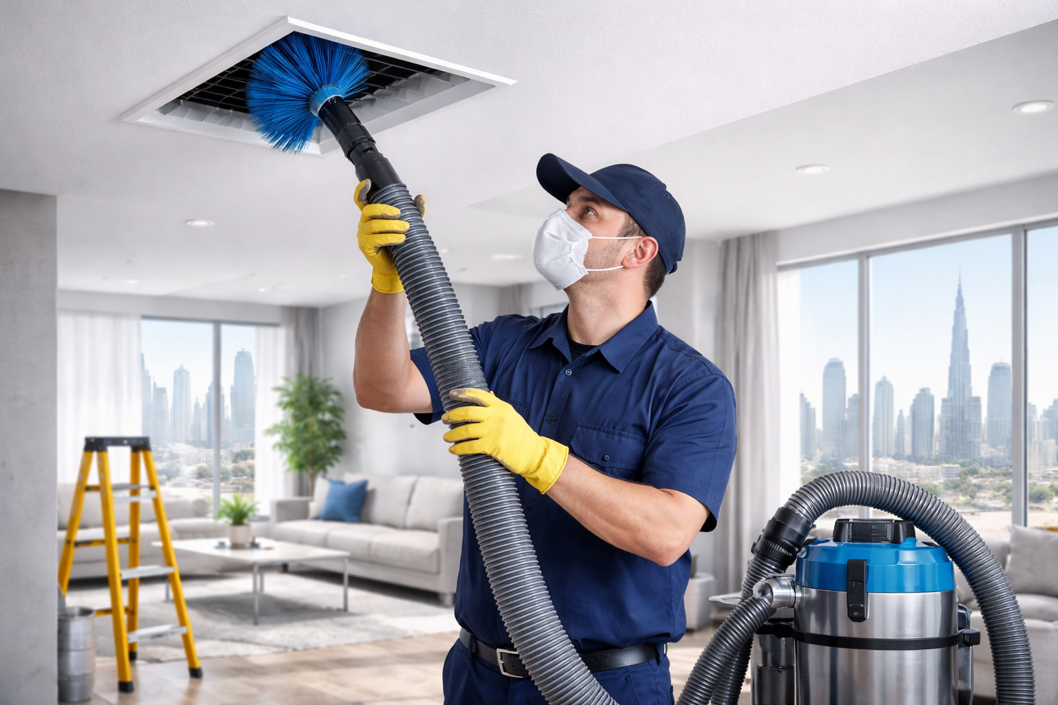 AC technician cleaning air duct vent inside modern Dubai apartment using professional vacuum equipment